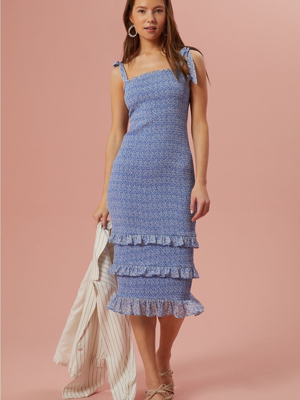 Altar'd State Blue Smocked Ruffle Midi Dress Cottagecore Boho